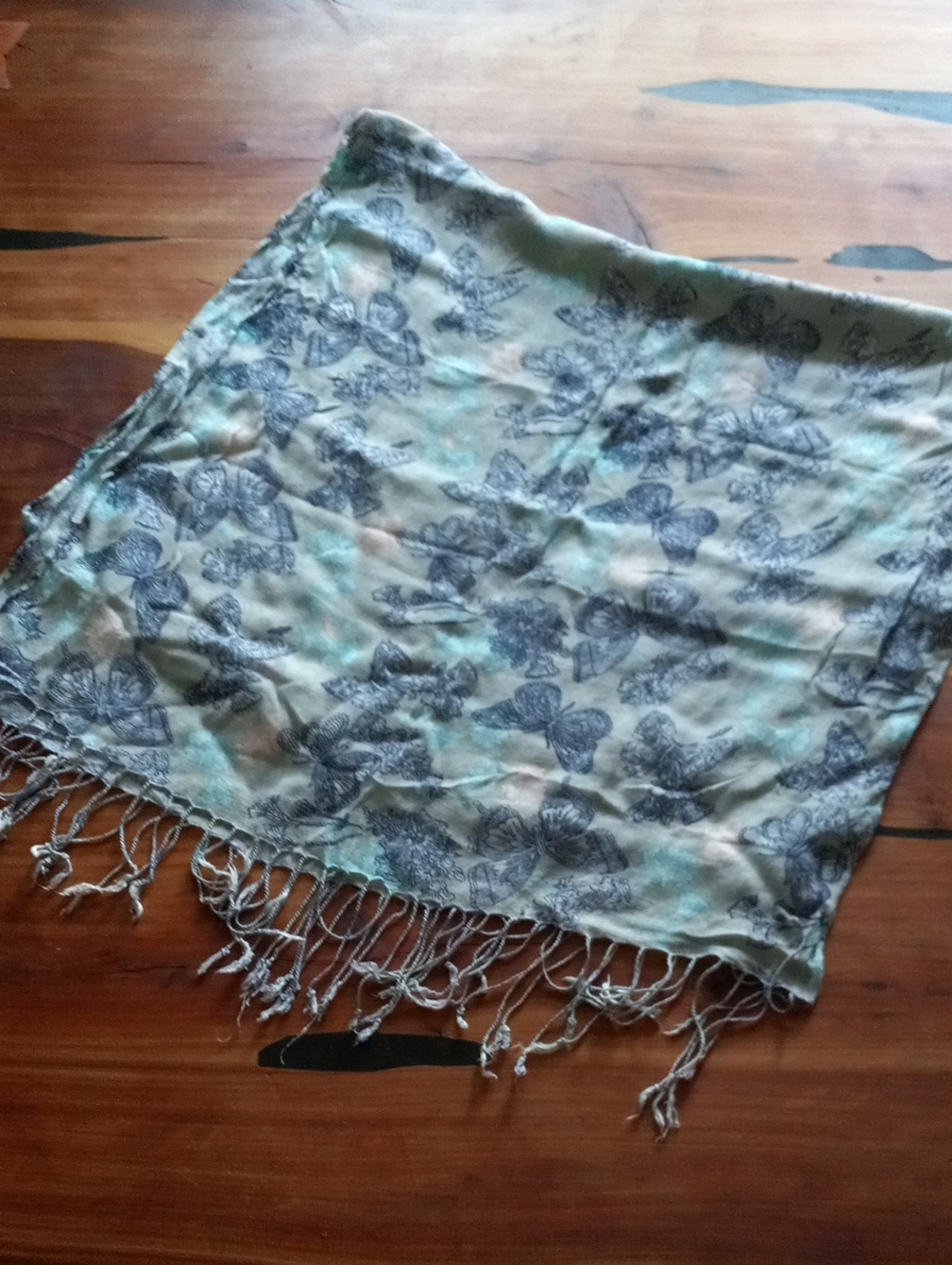 Blue & Grey Butterfly Print Lightweight Sheer Fringe Scarf